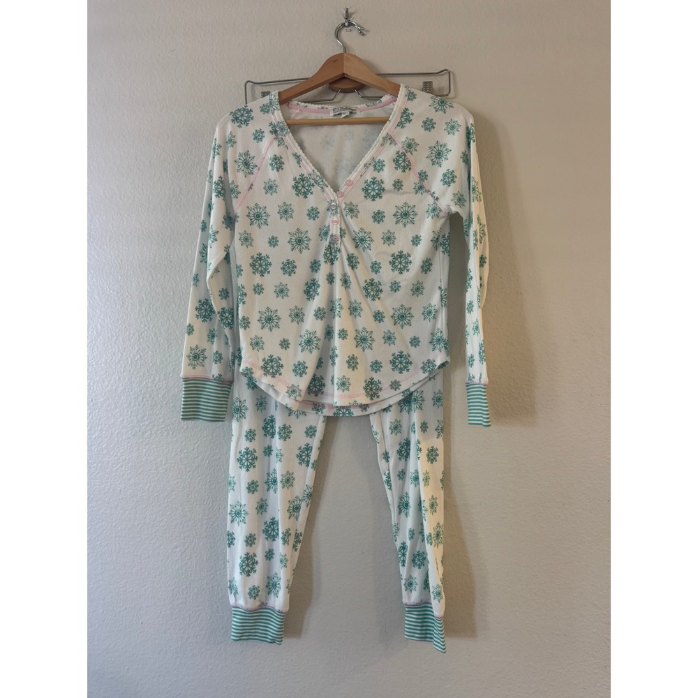 PJ Salvage Pajama Set Snowflake Thermal 2pc XS White Green Excellent